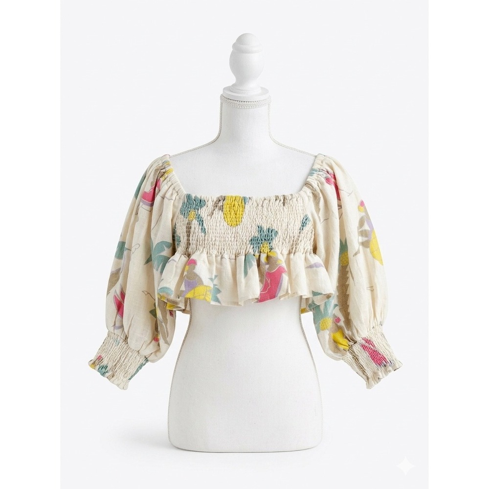 Place Nationale‎ Women Linen Tropical Print Smocked Crop Top Puff Sleeve Cream 1